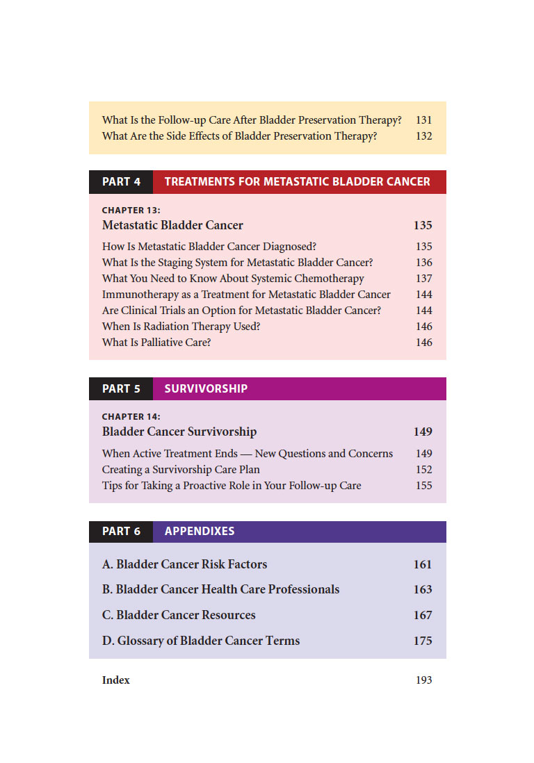 page 4 of the Table of Contents for Bladder Cancer: A Patient-Friendly Guide to Understanding Your Diagnosis and Treatment Options 